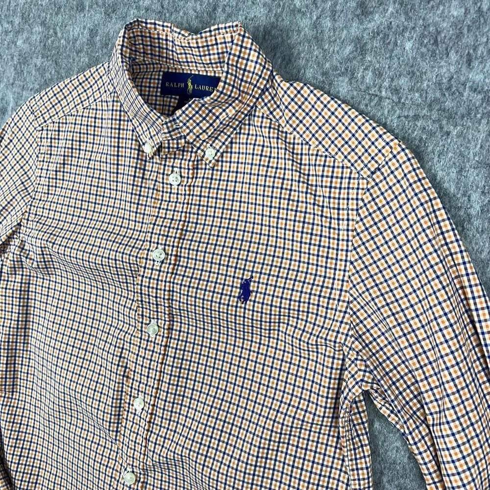 Ralph Lauren Boys Button Up Shirt Long Sleeve Orange Navy Plaid Size M (10-12)